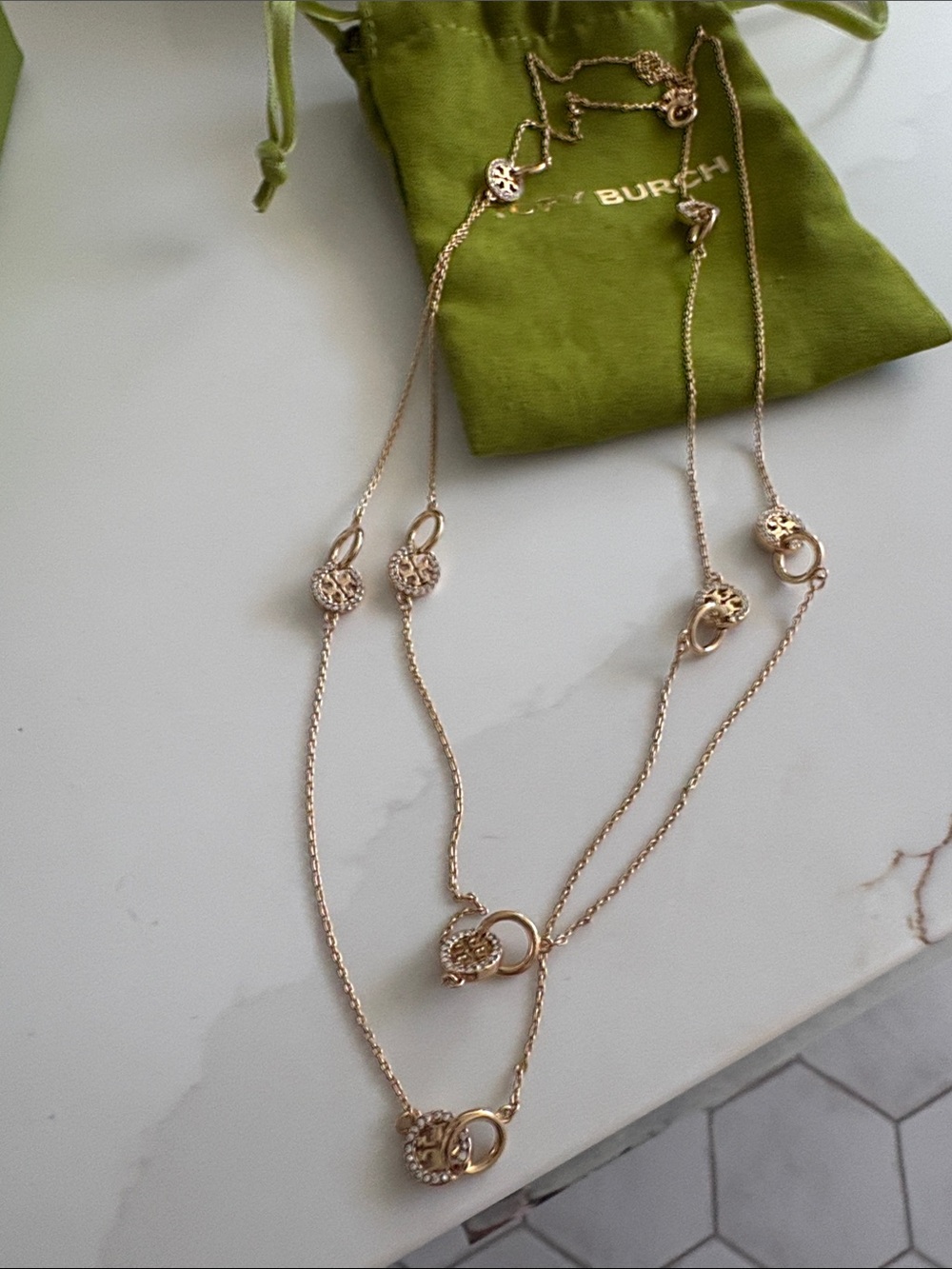 Tory Burch Rose Gold Logo Station Long Necklace
